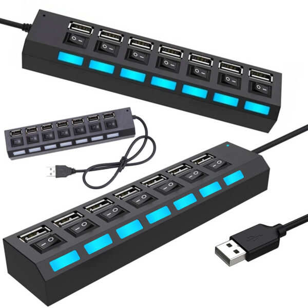 USB 2.0 HUB 7-Port Hi-Speed w/Switches & Blue LED Desing - Image 3