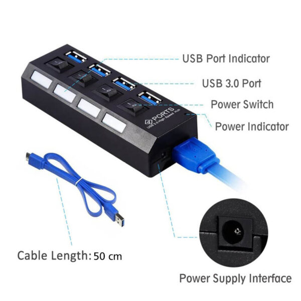 USB 3.0 HUB 4-Port Hi-Speed w/Switches & Blue LED Desing - Image 2