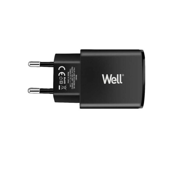 Universal 2xUSB FastTravel Wall Charger 5VDC/2.4A (12W) Μαύρο Well PSUP-USB-W22402BK-WL - Image 2