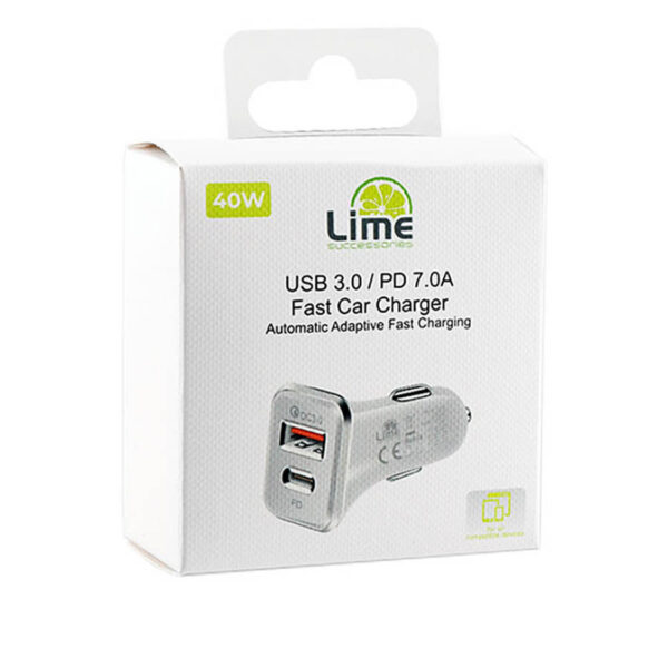 Universal DUAL USB 3.0/Type C Fast Car Charger QC 3.0 40W 5V-7A/9V-4.8A/12V-3.6A Λευκό LCUPD21 Lime - Image 2