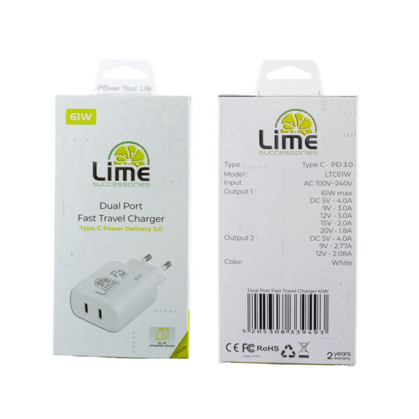 Universal Type-C PD 3.0 Dual Super Fast Travel Wall Charger 61W 4.0A & Type-C 25W Lime LTC61W - Image 2