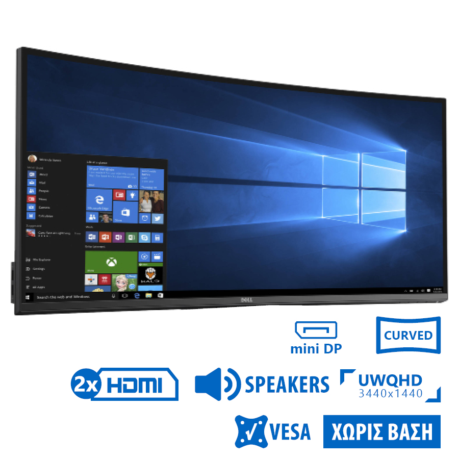 Used (A-) Monitor U3417W Curved/Dell/34\"UW-QHD/3440x1440/Black/w/Speakers/No Stand/Grade A-/DP & Min