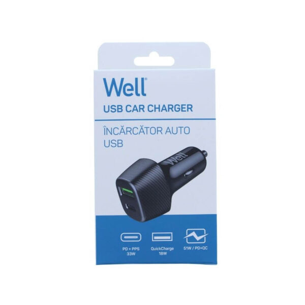 Well Universal DUAL USB 3.0/Type C Fast Car Charger 5V/3A 51W Μαύρος PSUP-USB-CPQ5101BK-WL - Image 3
