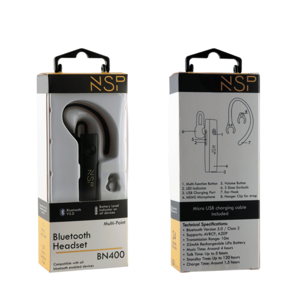 Ακουστικό Bluetooth Headset V5.0 + Hanger Clip για κορδόνι λαιμού NSP BN400 - Image 2