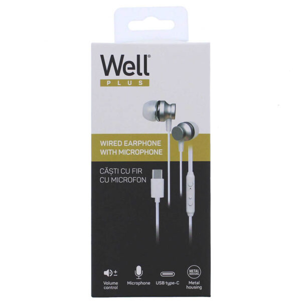 Ακουστικό Type-C με μικρόφωνο EPC04WE λευκό Well EARPHONE-EPC04WE-WL - Image 2