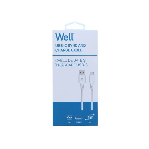 Καλώδιο 3A USB 2.0 σε Type-C Φόρτισης - Data 1m Λευκό Well CABLE-USB/USBC-1WE06-WL - Image 2