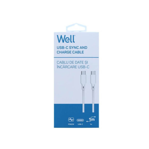 Καλώδιο 60W USB-C σε Type-C Φόρτισης - Data 1m Λευκό Well CABLE-USBC/USBC-1WE06-WL - Image 2