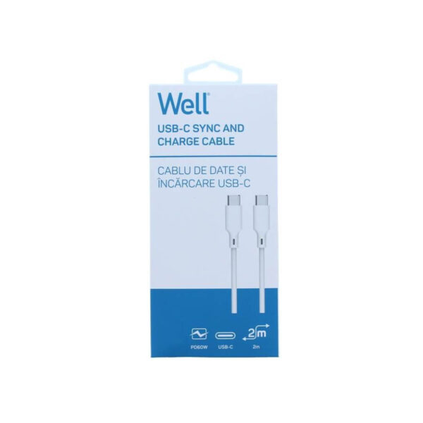 Καλώδιο 60W USB-C σε Type-C Φόρτισης - Data 2m Λευκό Well CABLE-USBC/USBC-2WE06-WL - Image 2