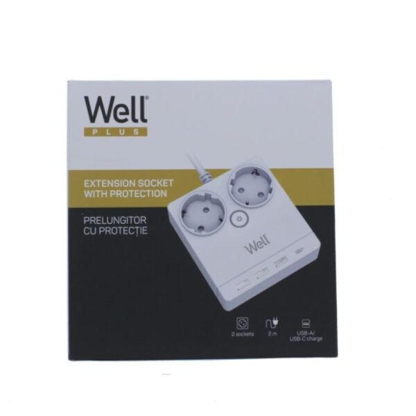 Πολύπριζο Well 2x Schuko και 3x USB A & 1x USB Type-C 2m/3g1.5 με προστασία EXTS-2S2M-PROT/USBC4-WL - Image 2