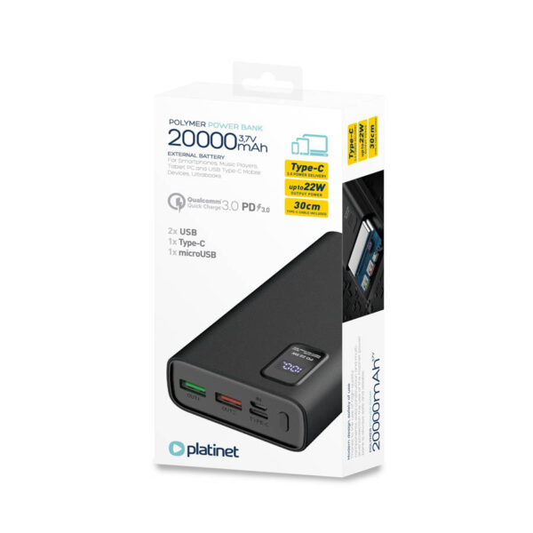 Φορητός Φορτιστής 20000mA PD3.0 QC3.0 1xUSB-C & 2xUSB w/LED Μαύρο Power Bank PMPB20WQC727B - Image 2